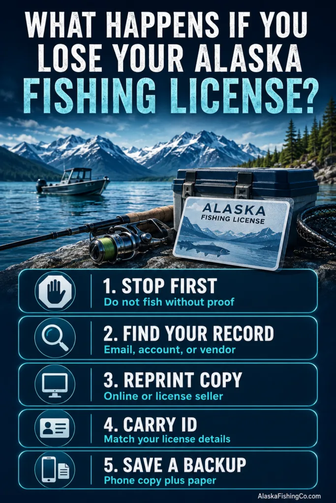 Guide explaining steps to take if you lose your Alaska fishing license and how to replace it easily.