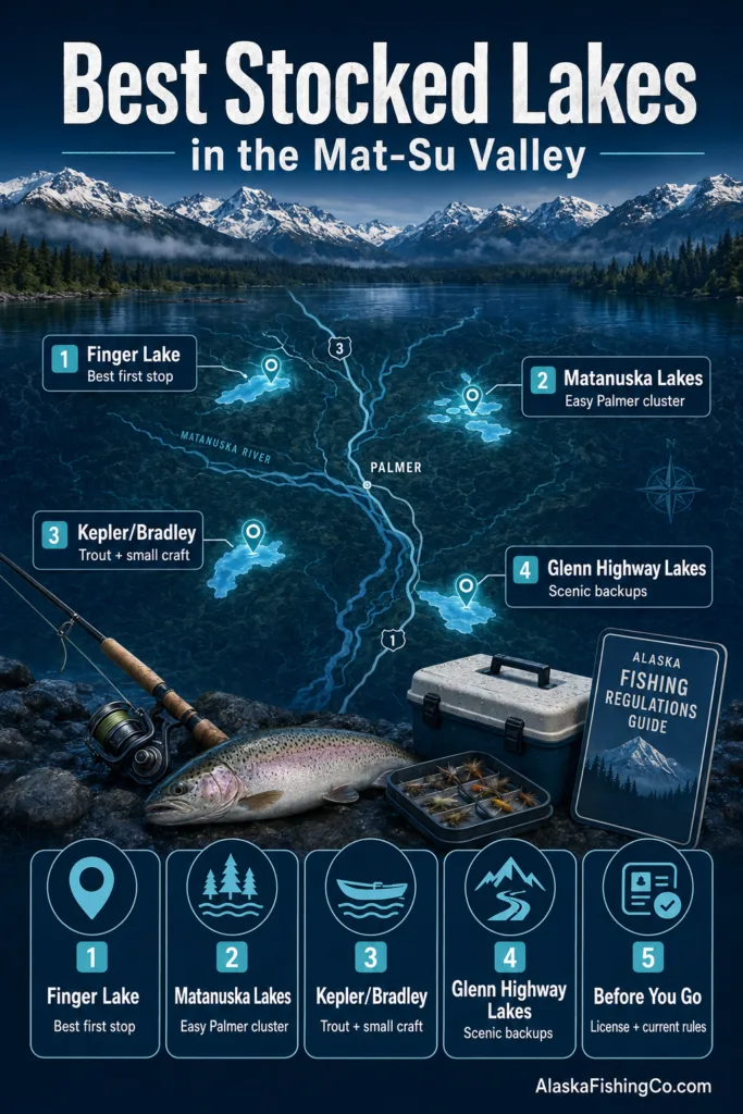 Map showing best stocked lakes in the Mat-Su Valley for fishing and outdoor recreation.