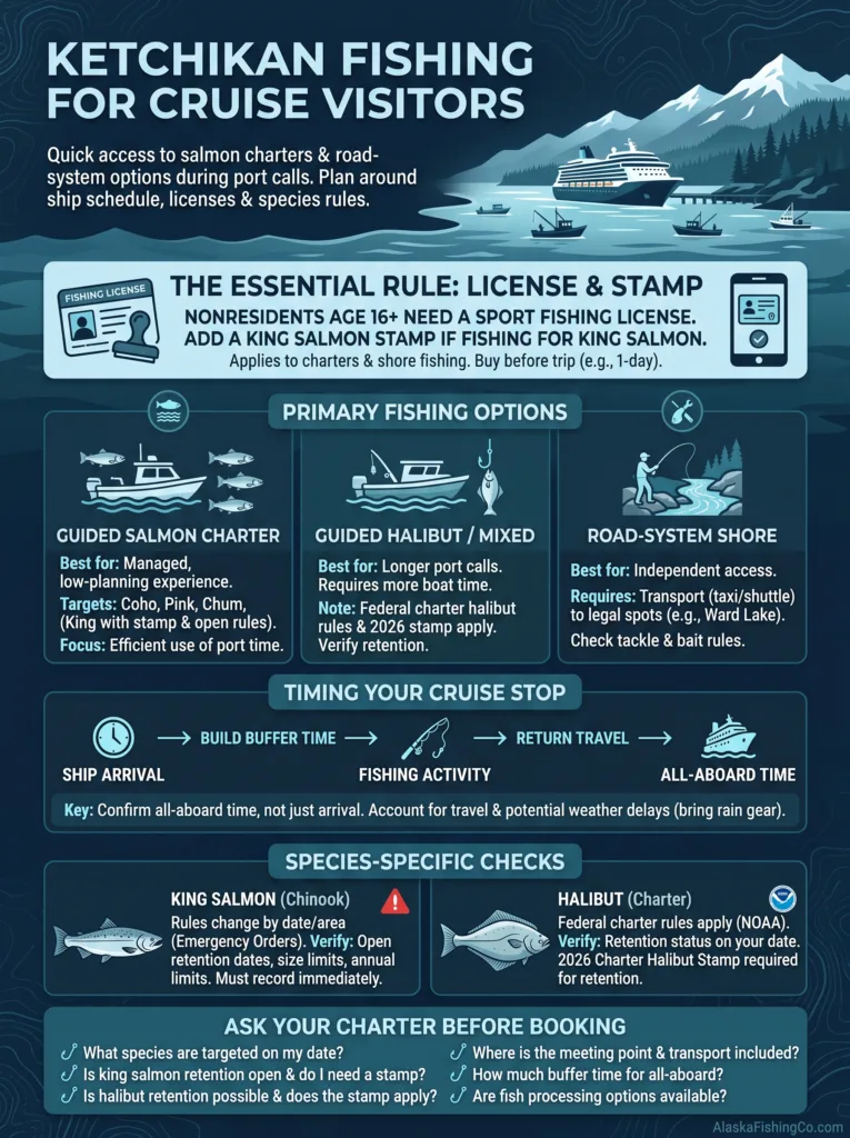 Ketchikan Alaska fishing guide for cruise visitors with tips on best spots and recent regulations in the area.