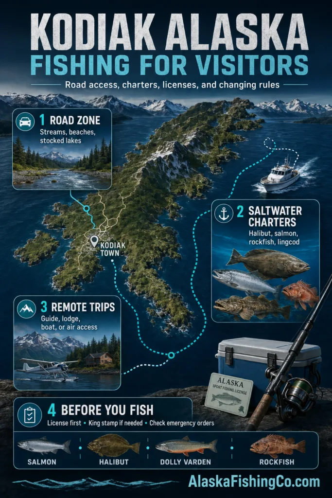 Kodiak Alaska fishing for visitors offers prime salmon and halibut catching experiences in a scenic coastal setting.