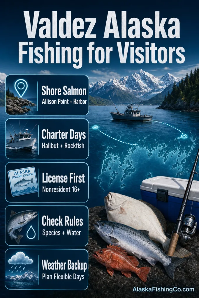 Valdez Alaska fishing spots for visitors, featuring sunny salmon catches, charter boat trips, and permit requirements in stunning natural scenery.