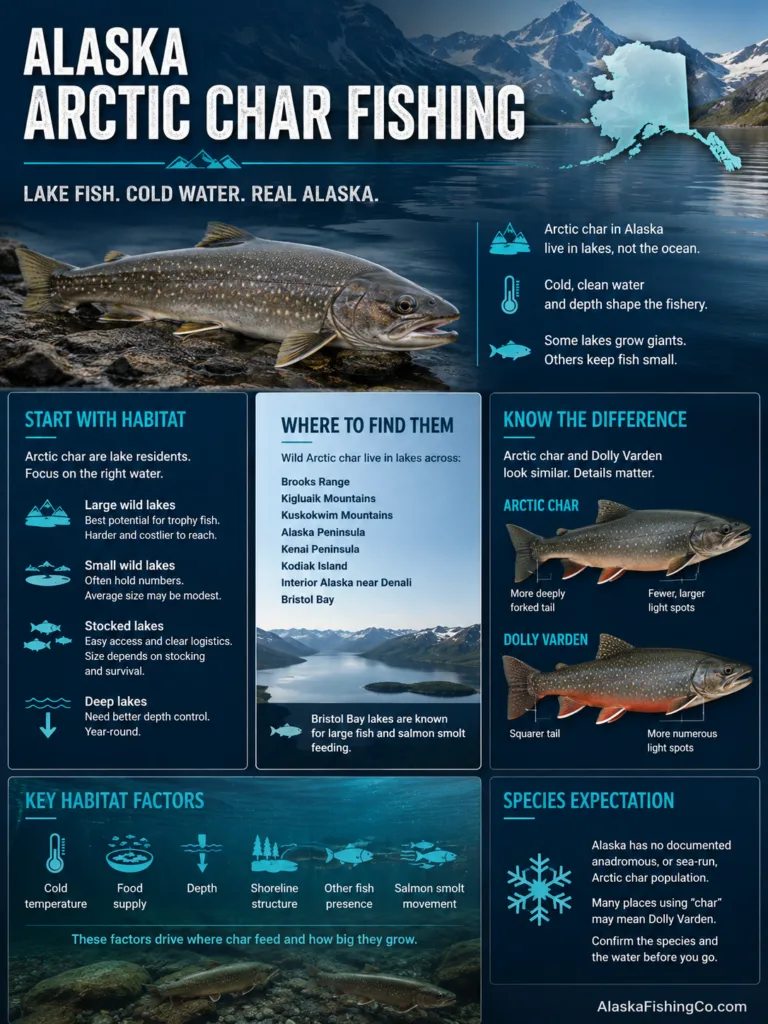Alaska Arctic Char fishing scene with anglers on a boat and lush coastal landscape in the background, perfect for outdoor adventure enthusiasts.