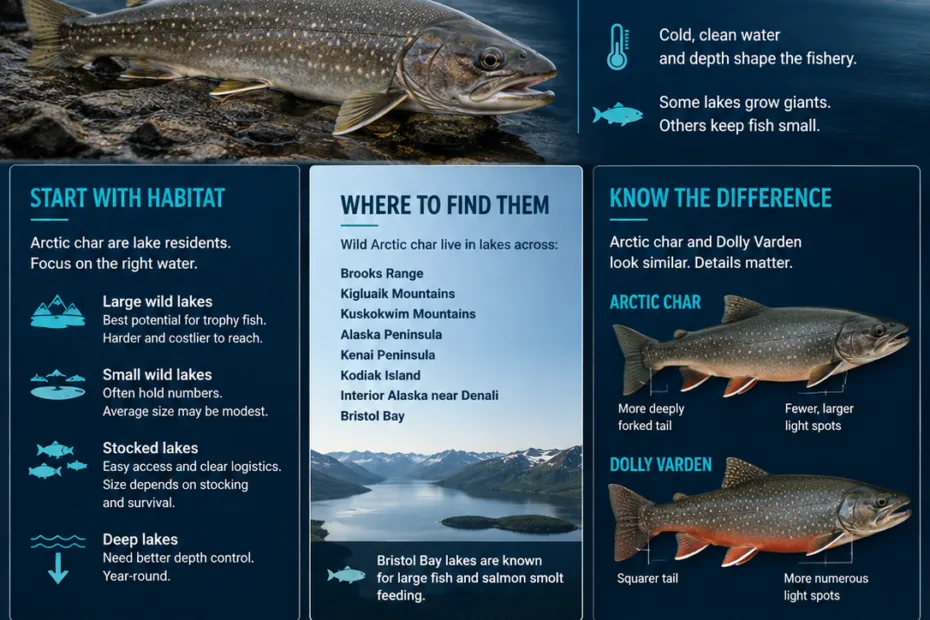 Alaska Arctic Char fishing scene with anglers on a boat and lush coastal landscape in the background, perfect for outdoor adventure enthusiasts.