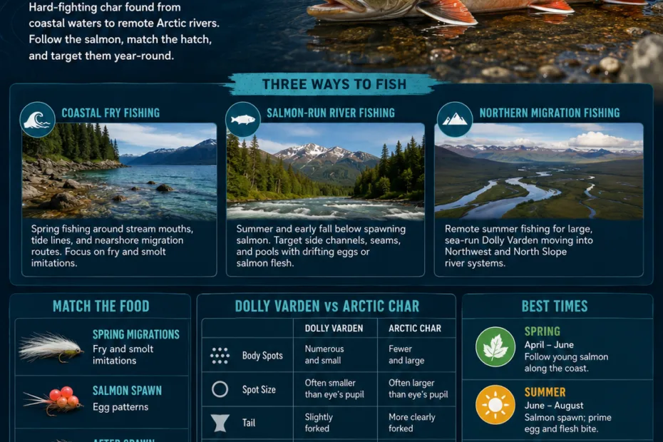 Alaska Dolly Varden fishing scene showing anglers catching vibrant trout in scenic waters during a fishing trip in Alaska.