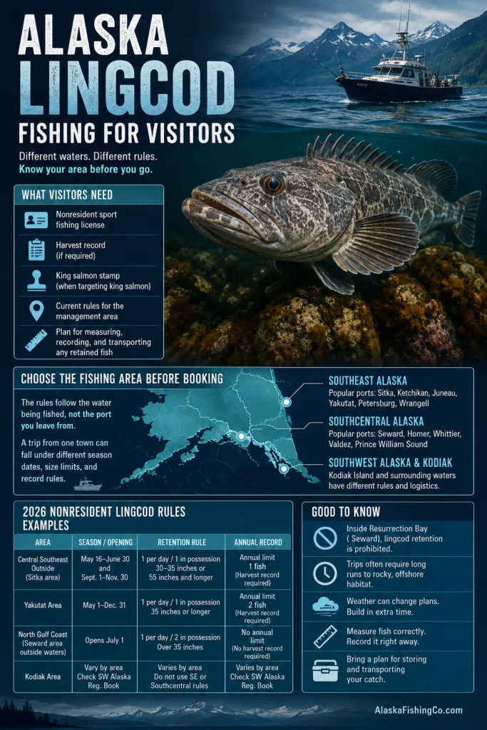 Alaska lingcod fishing for visitors showcasing a large lingcod fish and fishing tips in a detailed guide.
