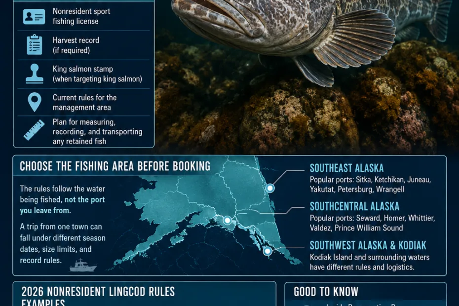 Alaska lingcod fishing for visitors showcasing a large lingcod fish and fishing tips in a detailed guide.