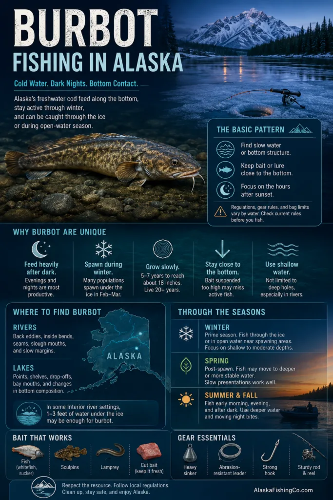 Burbot fishing in Alaska offers an exciting experience with scenic icy waters and cold-weather fishing techniques.