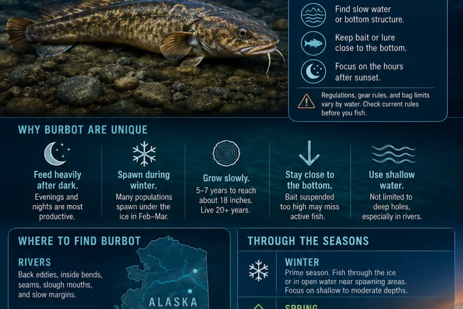 Burbot fishing in Alaska offers an exciting experience with scenic icy waters and cold-weather fishing techniques.