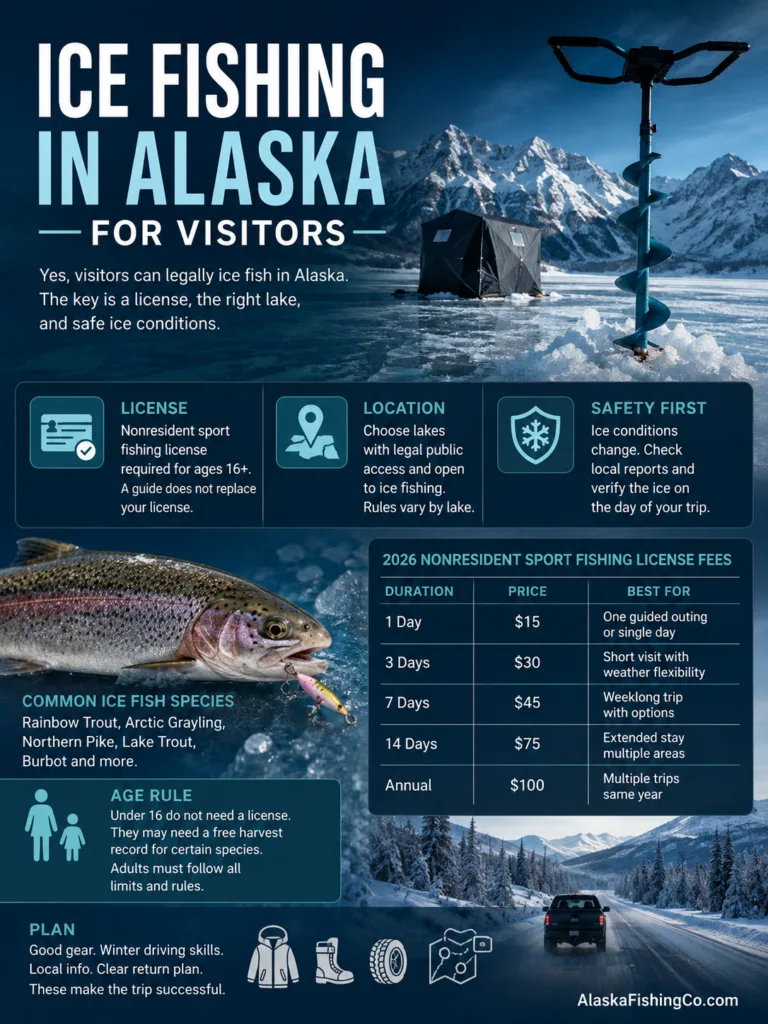 Ice fishing in Alaska for visitors with tips on gear, safety, and best spots for a memorable experience.
