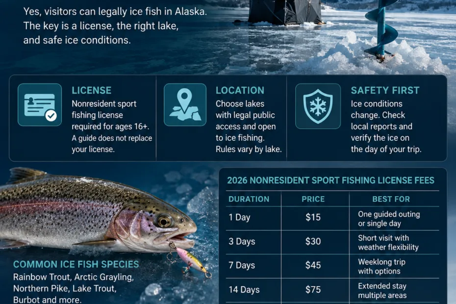 Ice fishing in Alaska for visitors with tips on gear, safety, and best spots for a memorable experience.