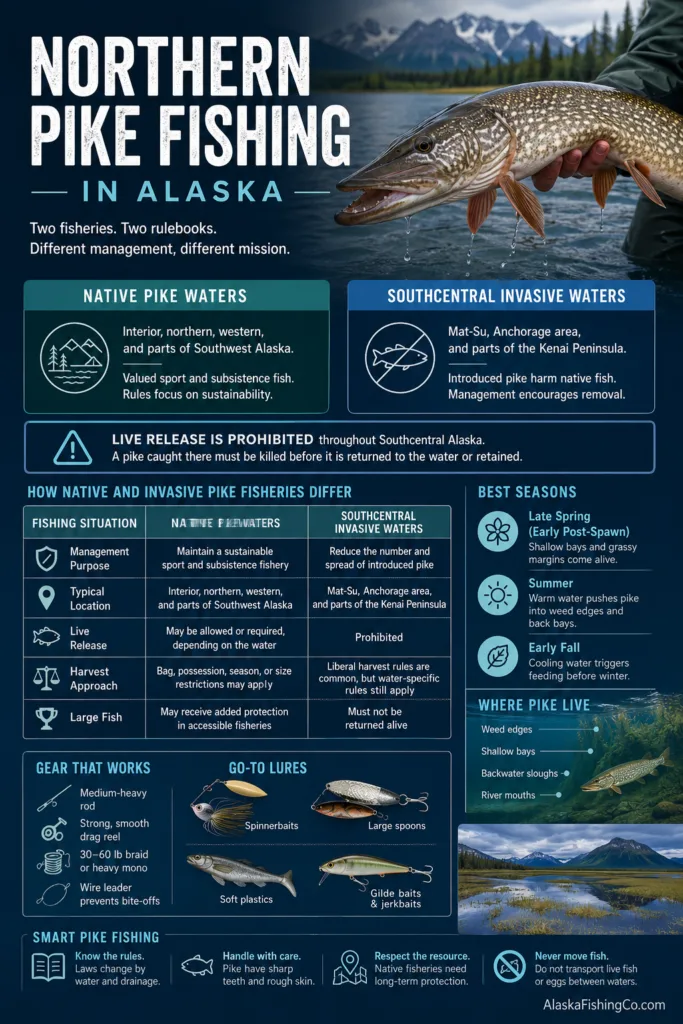 Northern pike fishing in Alaska offers thrilling angling opportunities in pristine waters filled with large pike.
